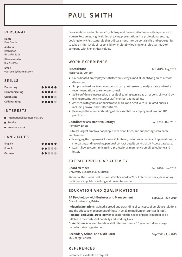 CV example university graduate looking for HR role