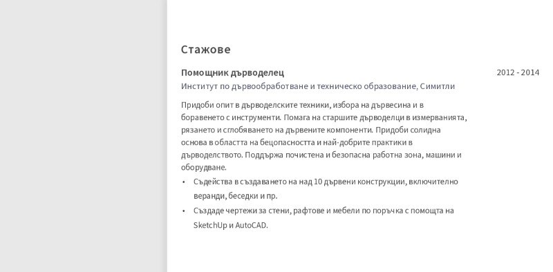Примерно CV на дърводелец 2