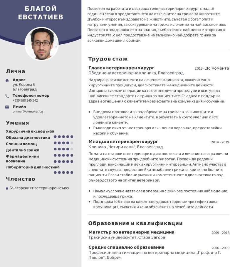 Примерно CV за ветеринар